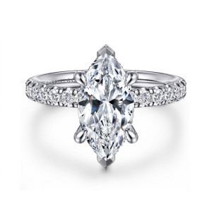 Gabriel & Co. ER16621M8W44JJ 14 karat white gold Contemporary engagement ring, front view of a marquise center with V shaped end tips and a diamond lined band