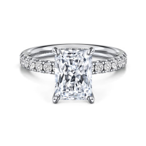 Gabriel & Co. ER16621N10W44JJ 14 karat white gold Contemporary engagement ring, front view of a radiant cut center with claw prongs and diamonds along the shoulders