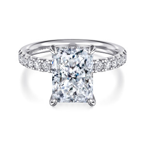 Gabriel & Co. ER16621N12W44JJ 14 karat white gold Contemporary engagement ring, front view of a clipped corner center with four pointed claw prongs and diamonds on both shoulders