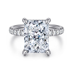 Gabriel & Co. ER16621N20W44JJ 14 karat white gold Contemporary engagement ring, front view of a radiant cut center with four teardrop claws and diamonds along the shoulders
