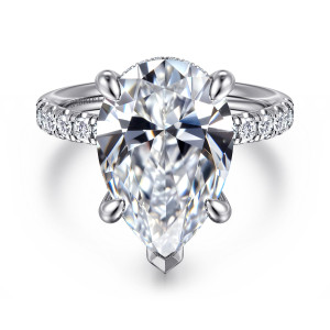 Gabriel & Co. ER16621P20W44JJ 14 karat white gold Contemporary engagement ring, front view of a pear shaped center with a V tip prong at the point