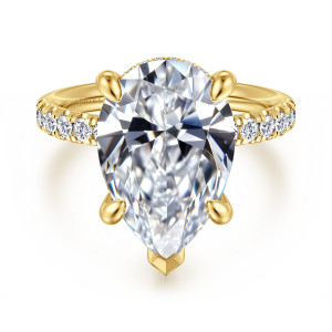 Gabriel & Co. ER16621P20Y44JJ 14 karat yellow gold Contemporary engagement ring, front view of a pear shaped center with a pointed V shaped prong at its tip