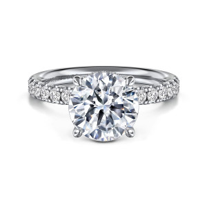 Gabriel & Co. ER16621R10W44JJ 14 karat white gold Contemporary engagement ring, front view of a round center with a fine beaded edge behind it and stones on the band
