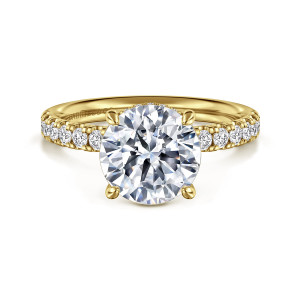 Gabriel & Co. ER16621R10Y44JJ 14 karat yellow gold Contemporary engagement ring, front view of a round center on teardrop claws with a diamond row down each shoulder