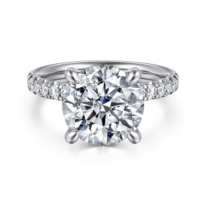 Gabriel & Co. ER16621R16W44JJ 14 karat white gold Contemporary engagement ring, front view of a round center in four rounded claws with diamonds running along both shoulders