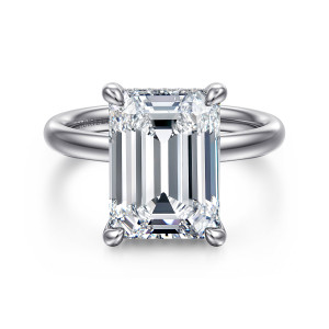 Gabriel & Co. ER16622E20W44JJ 14 karat white gold Classic engagement ring, front view of an emerald cut center held by four rounded prongs on a smooth round band