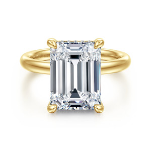 Gabriel & Co. ER16622E20Y44JJ 14 karat yellow gold Classic engagement ring, front view of an emerald cut center held by four rounded claw prongs on a smooth band