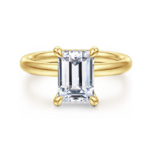 Gabriel & Co. ER16622E8Y44JJ 14 karat yellow gold Classic engagement ring, front view of an emerald cut center between teardrop shaped claws on a smooth domed band
