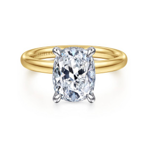 Gabriel & Co. ER16622G12M44JJ 14 karat white and yellow gold Classic engagement ring, front view of an elongated cushion center held by four slim prongs on a plain band