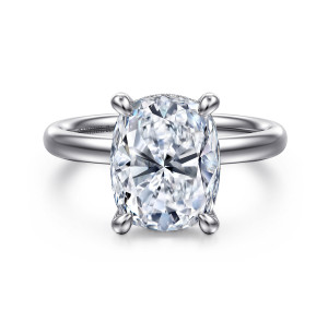 Gabriel & Co. ER16622G16W44JJ 14 karat white gold Classic engagement ring, front view of an elongated cushion center on four rounded prongs above a plain band