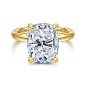Gabriel & Co. ER16622G20Y44JJ 14 karat yellow gold Classic engagement ring, front view of an elongated cushion center in teardrop shaped prongs on a smooth band
