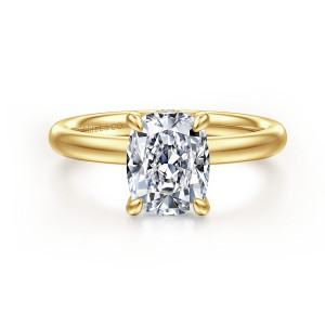 Gabriel & Co. ER16622G8Y44JJ 14 karat yellow gold Classic engagement ring, front view of an elongated cushion center held by four rounded prongs on a smooth band