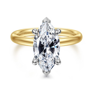 Gabriel & Co. ER16622M12M44JJ 14 karat white and yellow gold Classic engagement ring, front view of a marquise center with ball tipped prongs and V shaped prongs at both points