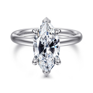 Gabriel & Co. ER16622M12W44JJ 14 karat white gold Classic engagement ring, front view of a marquise center with pointed end prongs on a smooth rounded band