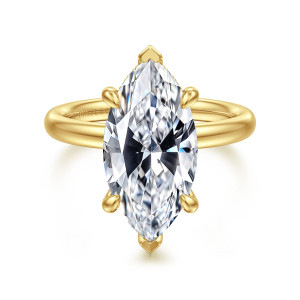 Gabriel & Co. ER16622M20Y44JJ 14 karat yellow gold Classic engagement ring, front view of a marquise center with rounded side prongs and pointed prongs at both ends