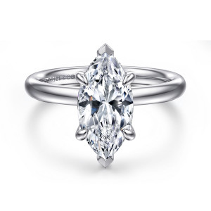 Gabriel & Co. ER16622M8W44JJ 14 karat white gold Classic engagement ring, front view of a marquise center held by pointed tip prongs on a smooth rounded band