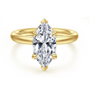 Gabriel & Co. ER16622M8Y44JJ 14 karat yellow gold Classic engagement ring, front view of a marquise center with pointed prongs capping both tips above a smooth band