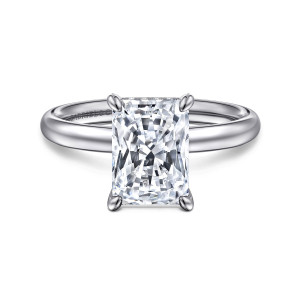 Gabriel & Co. ER16622N10W44JJ 14 karat white gold Classic engagement ring, front view of a tall rectangular center held by rounded prongs above a smooth rounded band