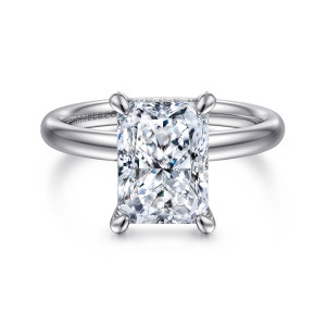 Gabriel & Co. ER16622N12W44JJ 14 karat white gold Classic engagement ring, front view of the tall rectangular center with clipped corners and rounded claw prongs on a plain band