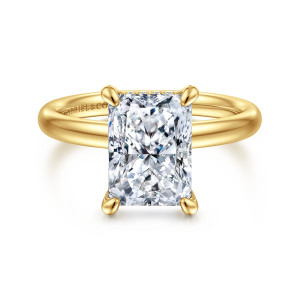 Gabriel & Co. ER16622N12Y44JJ 14 karat yellow gold Classic engagement ring, front view of a rectangular center with trimmed corners in tapered prongs on a smooth shank