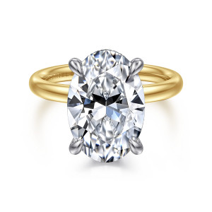 Gabriel & Co. ER16622O20M44JJ 14 karat white and yellow gold Classic engagement ring, front view of an oval center in four prongs above a plain rounded band