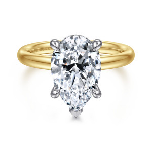 Gabriel & Co. ER16622P12M44JJ 14 karat white and yellow gold Classic engagement ring, front view of a pear shaped center with claw prongs and a pointed prong at its tip