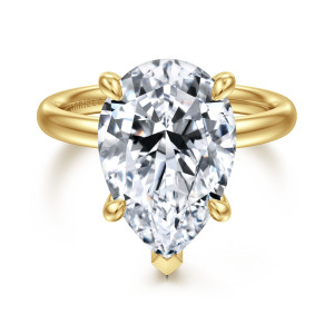Gabriel & Co. ER16622P20Y44JJ 14 karat yellow gold Classic engagement ring, front view of a pear shaped center with a pointed V tip prong at its narrow end
