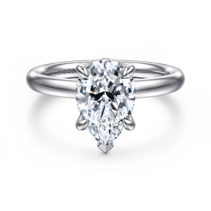Gabriel & Co. ER16622P8W44JJ 14 karat white gold Classic engagement ring, front view of a pear shaped center with a pointed tip prong and a plain smooth band