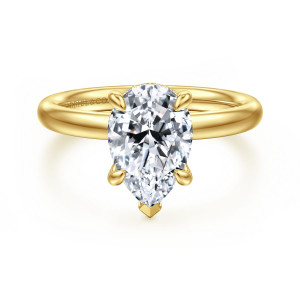 Gabriel & Co. ER16622P8Y44JJ 14 karat yellow gold Classic engagement ring, front view of a pear shaped center with a V tip prong at its narrow point