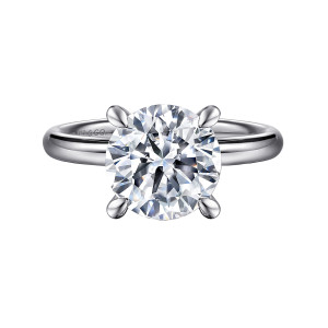 Gabriel & Co. ER16622R12W44JJ 14 karat white gold Classic engagement ring, front view of a round center with four rounded prongs on a smooth domed band