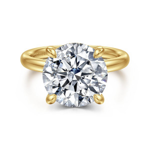 Gabriel & Co. ER16622R20Y44JJ 14 karat yellow gold Classic engagement ring, front view of a wide round center gripped by bulb tipped prongs over a smooth band
