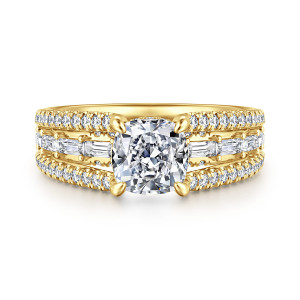 Gabriel & Co. ER16639C6Y44JJ 14 karat yellow gold Contemporary engagement ring, front view of a cushion cut center flanked by step cut diamonds between two rows of round ones