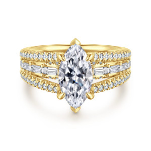 Gabriel & Co. ER16639M6Y44JJ 14 karat yellow gold Contemporary engagement ring, front view of a marquise center with rows of baguette and round diamonds spreading across the band