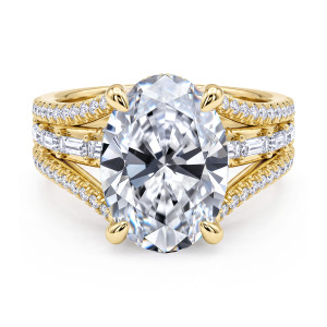 Gabriel & Co. ER16639O20Y44JJ 14 karat yellow gold Contemporary engagement ring, front view of an oval center with four rounded prongs above a middle lane of baguette diamonds