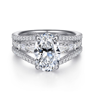 Gabriel & Co. ER16639O8W44JJ 14 karat white gold Contemporary engagement ring, front view of an oval center with split strands of pave and baguette stones beside it