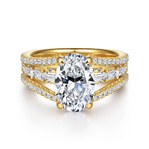 Gabriel & Co. ER16639O8Y44JJ 14 karat yellow gold Contemporary engagement ring, front view of an oval center above parallel strands of round diamonds and a middle strand of baguettes