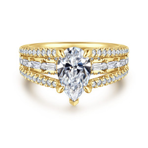 Gabriel & Co. ER16639P6Y44JJ 14 karat yellow gold Contemporary engagement ring, front view of a pear shaped center with a pointed tip prong above three rows of stones