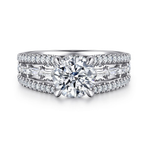 Gabriel & Co. ER16639R6W44JJ 14 karat white gold Contemporary engagement ring, front view of a round center beside a baguette diamond lane between two rows of round diamonds