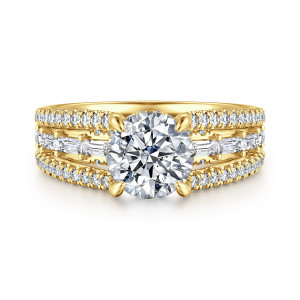 Gabriel & Co. ER16639R6Y44JJ 14 karat yellow gold Contemporary engagement ring, front view of a round center above three rows of stones, with baguettes down the middle