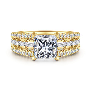 Gabriel & Co. ER16639S6Y44JJ 14 karat yellow gold Contemporary engagement ring, front view of a princess cut center between rows of baguettes and small round diamonds
