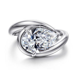 Gabriel & Co. ER16640P12W4JJJ 14 karat white gold Contemporary engagement ring, front view of a pear shaped center on its side inside the smooth curling band