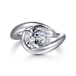 Gabriel & Co. ER16640P8W4JJJ 14 karat white gold Contemporary engagement ring, front view of a pear shaped center tilted on its side between sweeping band ends