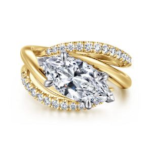 Gabriel & Co. ER16643M12M44JJ 14 karat white and yellow gold Contemporary engagement ring, front view of a marquise center turned sideways between smooth and diamond set strands