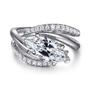 Gabriel & Co. ER16643M8W44JJ 14 karat white gold Contemporary engagement ring, front view of a marquise center lying crosswise between sweeping arms lined with small diamonds