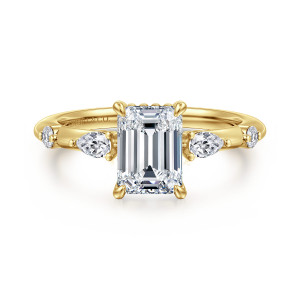 Gabriel & Co. ER16666E6Y44JJ 14 karat yellow gold Starlight engagement ring, front view of an elongated stone and a round stone on each shoulder beside the center