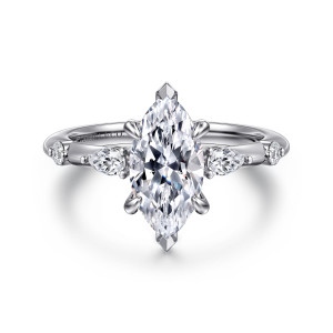 Gabriel & Co. ER16666M6PT4JJ platinum Starlight engagement ring, front view of a marquise center with an elongated stone and a round stone on each side