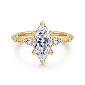 Gabriel & Co. ER16666M6Y44JJ 14 karat yellow gold Starlight engagement ring, front view of a marquise center with pointed tips and spaced elongated and round side stones