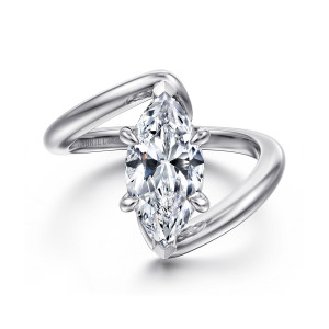 Gabriel & Co. ER16667M8W44JJ 14 karat white gold Bujukan engagement ring, front view of a marquise center between band ends that sweep past each other