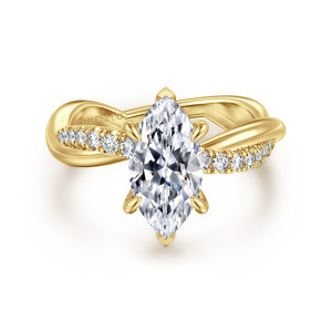 Gabriel & Co. ER16669M6Y44JJ 14 karat yellow gold Contemporary engagement ring, front view of a marquise center with pointed prong tips and small diamonds along both shoulders