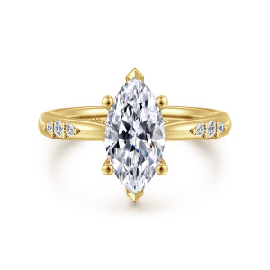 Gabriel & Co. ER16670M6Y44JJ 14 karat yellow gold Contemporary engagement ring, front view of a marquise center with V shaped tips and a diamond cluster on each shoulder